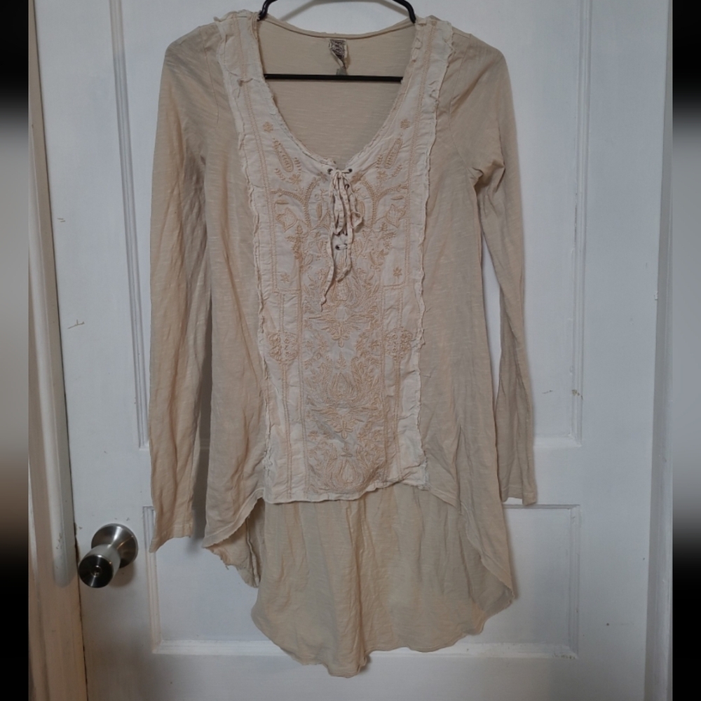 Free People Boho Cream Lace-Up High Low Tunic Top
